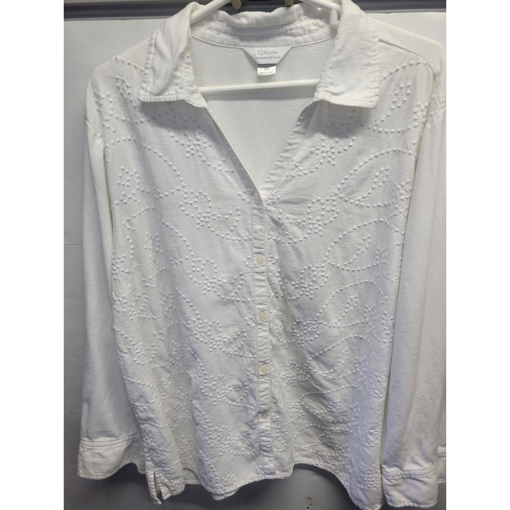 CJ Banks White Linen blend Embroidered Button Down Shirt Plus Sz 3X